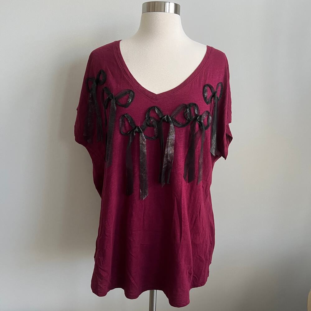 Lane Bryant Bow Tee Double V-Neck T-shirt Burgundy Black 14/16 NWT